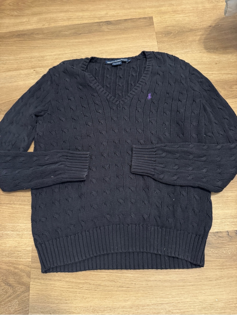 Polo by Ralph Lauren Black Cable Knit V-Neck Sweater with Purple Pony